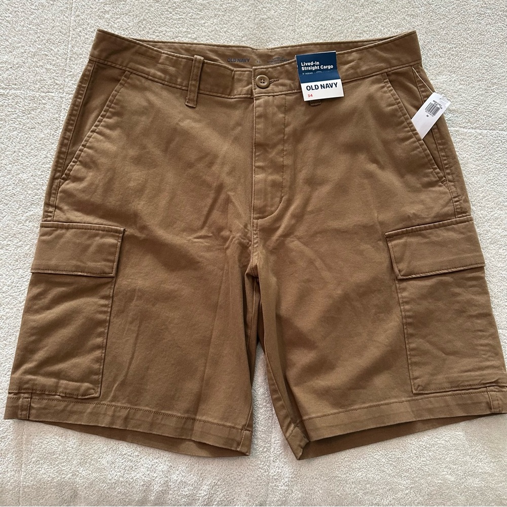 NEW NWT Old Navy Tan Lived In Straight Cargo Shorts 9” inseam 34